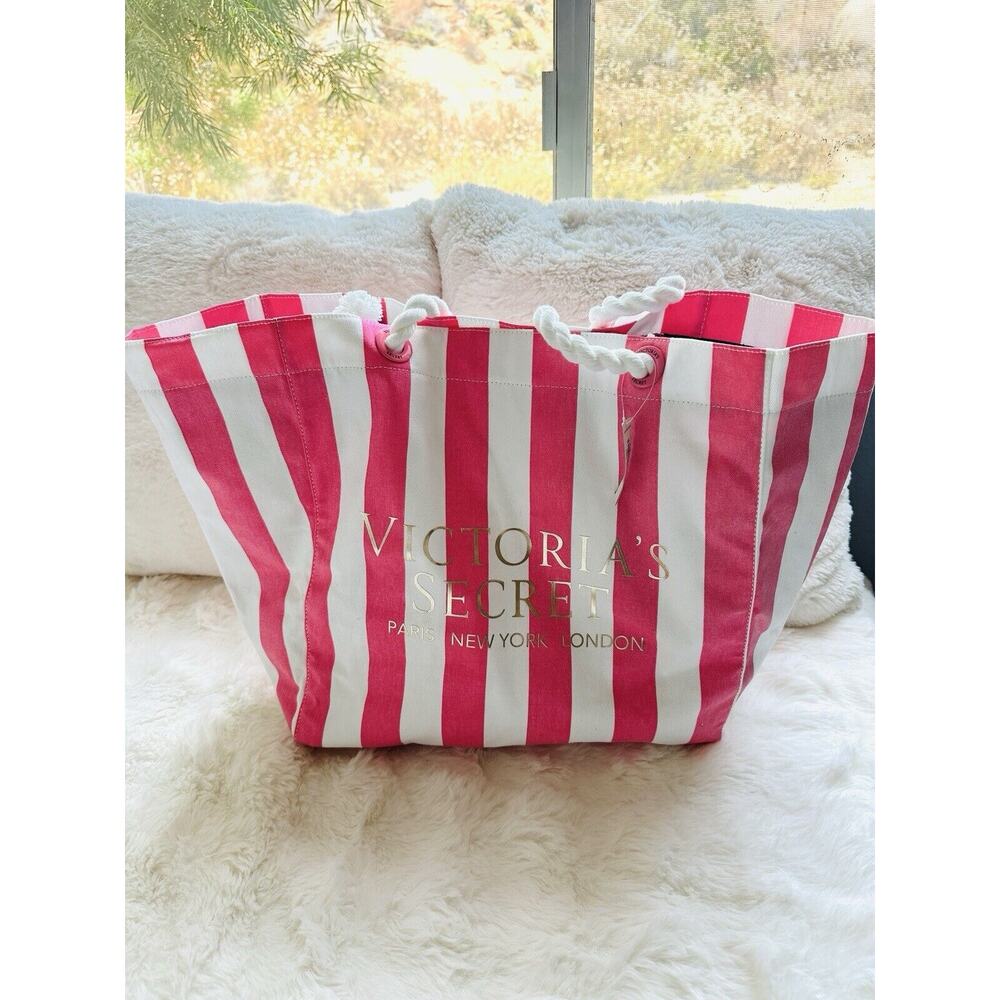 NWT Victorias's Secret Canvas Pink White Stiped Beach Bag Flora Large Tote